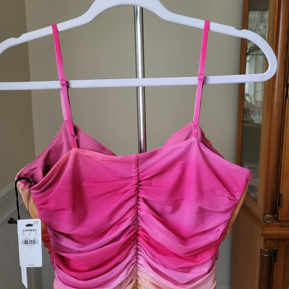 $64 Express Body Contour Ruched Ombre Mesh V-Neck Bodysuit Coquette Fairy Barbie - Picture 5 of 16